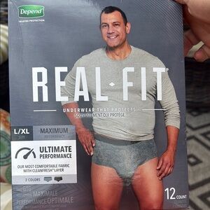 Real-Fit Men's Depends Underwear, Gray, Open box of 8 - not 12, L/XL